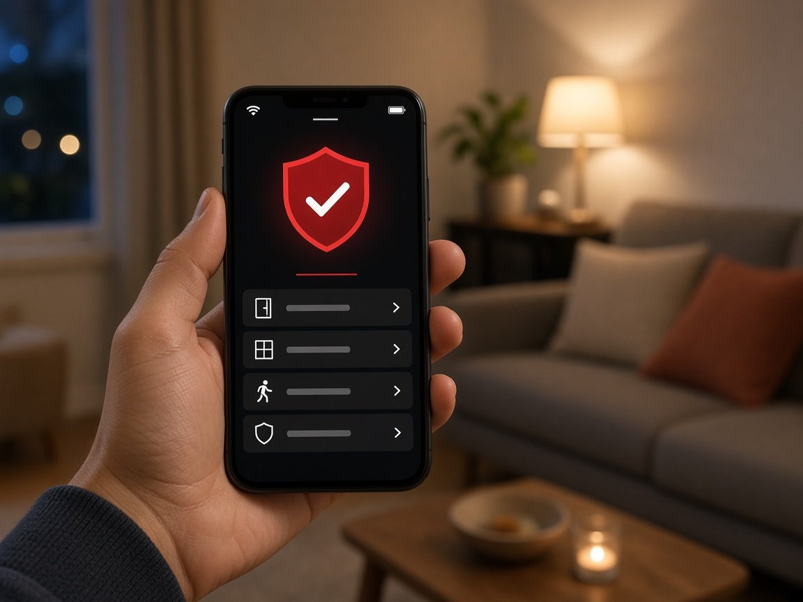 Aplicativo de alarme aberto no celular, na sala de uma casa à noite