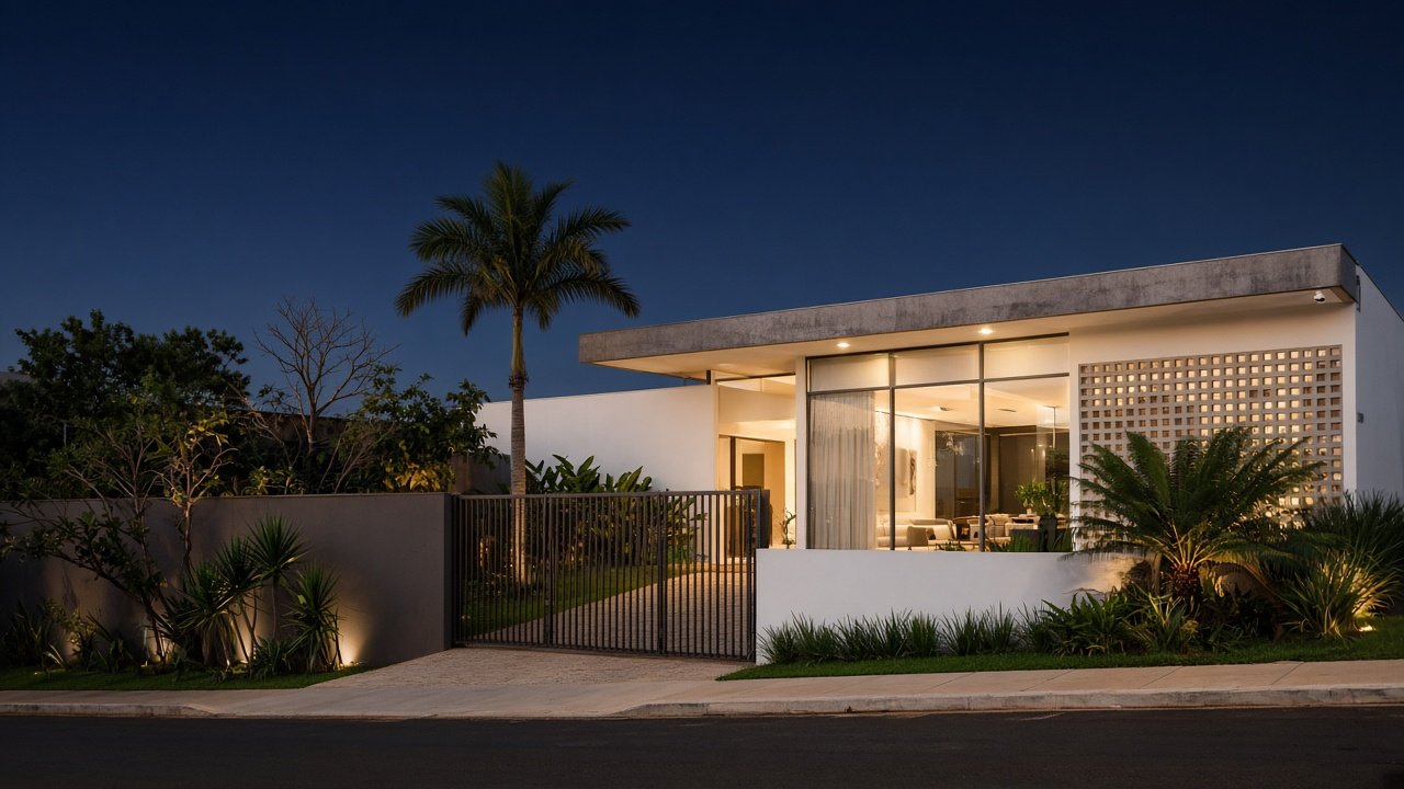Casa moderna em Brasília à noite, com luzes acesas, muro, portão e câmera discreta sob o beiral