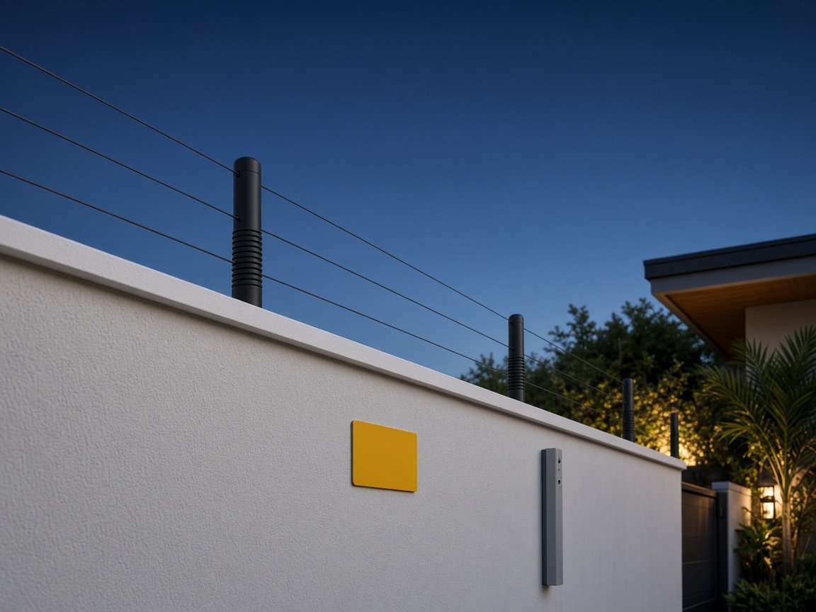 Muro residencial com cerca elétrica e coluna de barreira infravermelha ao anoitecer