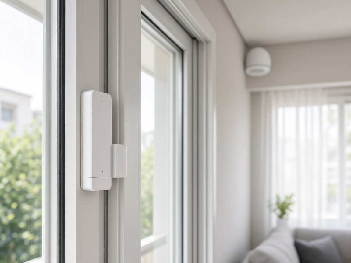 Sensor de abertura sem fio na janela e sensor de movimento no canto do teto